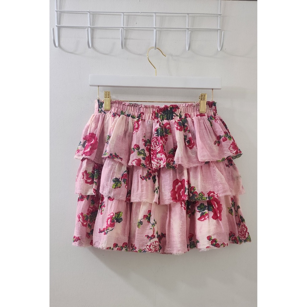 LoveShackFancy Pink Floral Silk Cotton Tiered Ruffle Mini Skirt Small